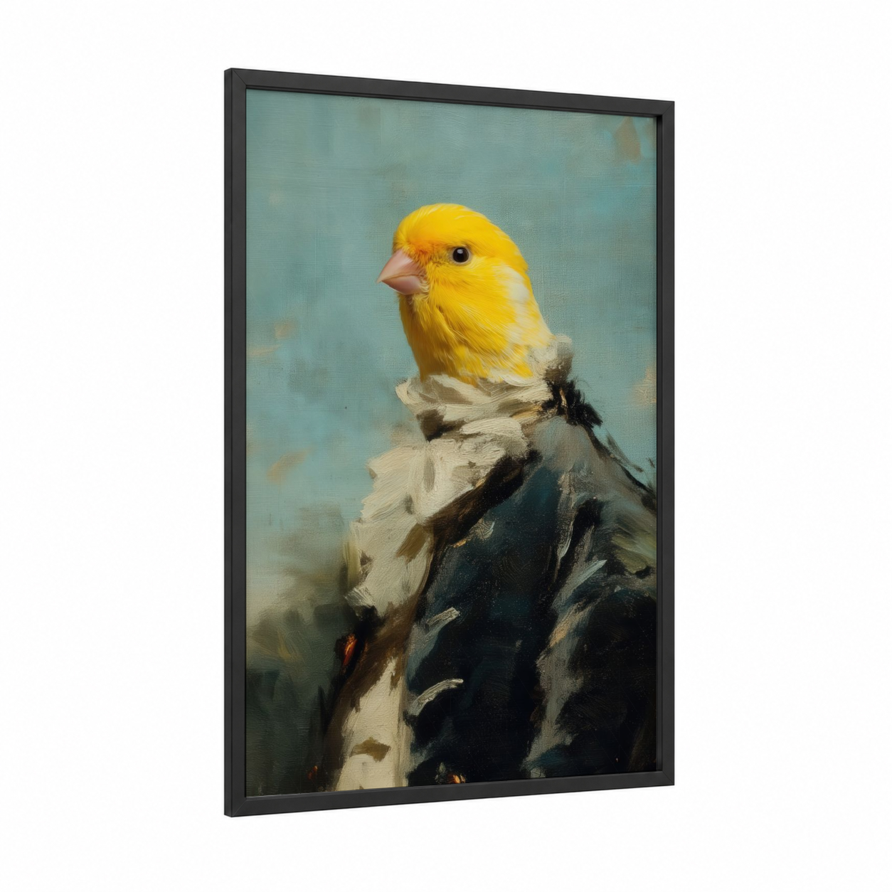 Golden Canary Portrait framed canaries print — black wood frame — yellow gold and blue and gray palette