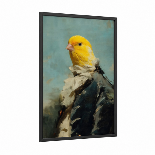 Golden Canary Portrait framed canaries print — black wood frame — yellow gold and blue and gray palette