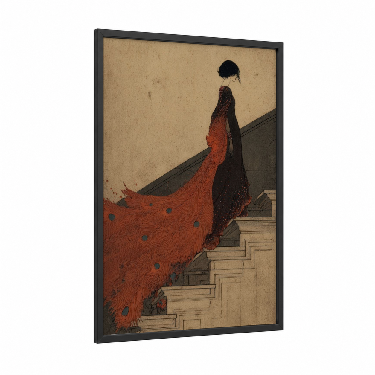 Scarlet Phoenix Ascent framed art print — black wood frame — red and black palette