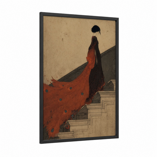 Scarlet Phoenix Ascent framed art print — black wood frame — red and black palette
