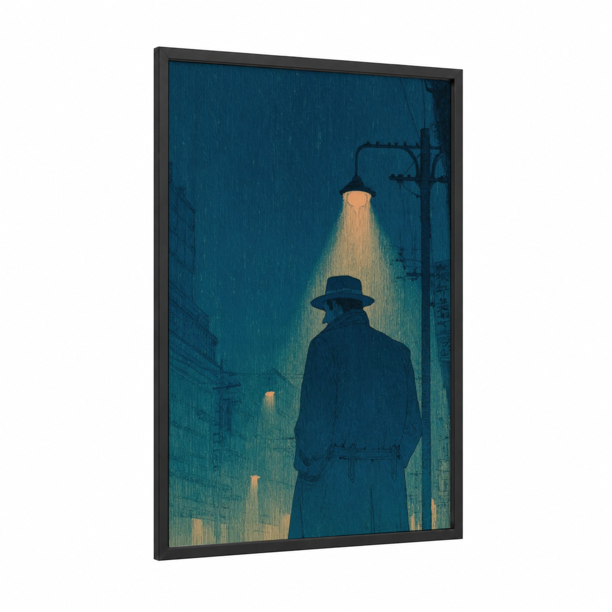 Noir Detective framed retro fashion print — black wood frame — dark blue and gold palette