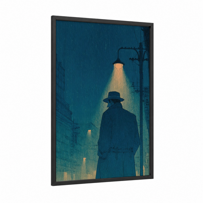 Noir Detective framed retro fashion print — black wood frame — dark blue and gold palette