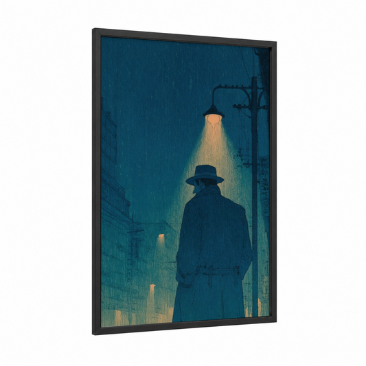 Noir Detective framed retro fashion print — black wood frame — dark blue and gold palette