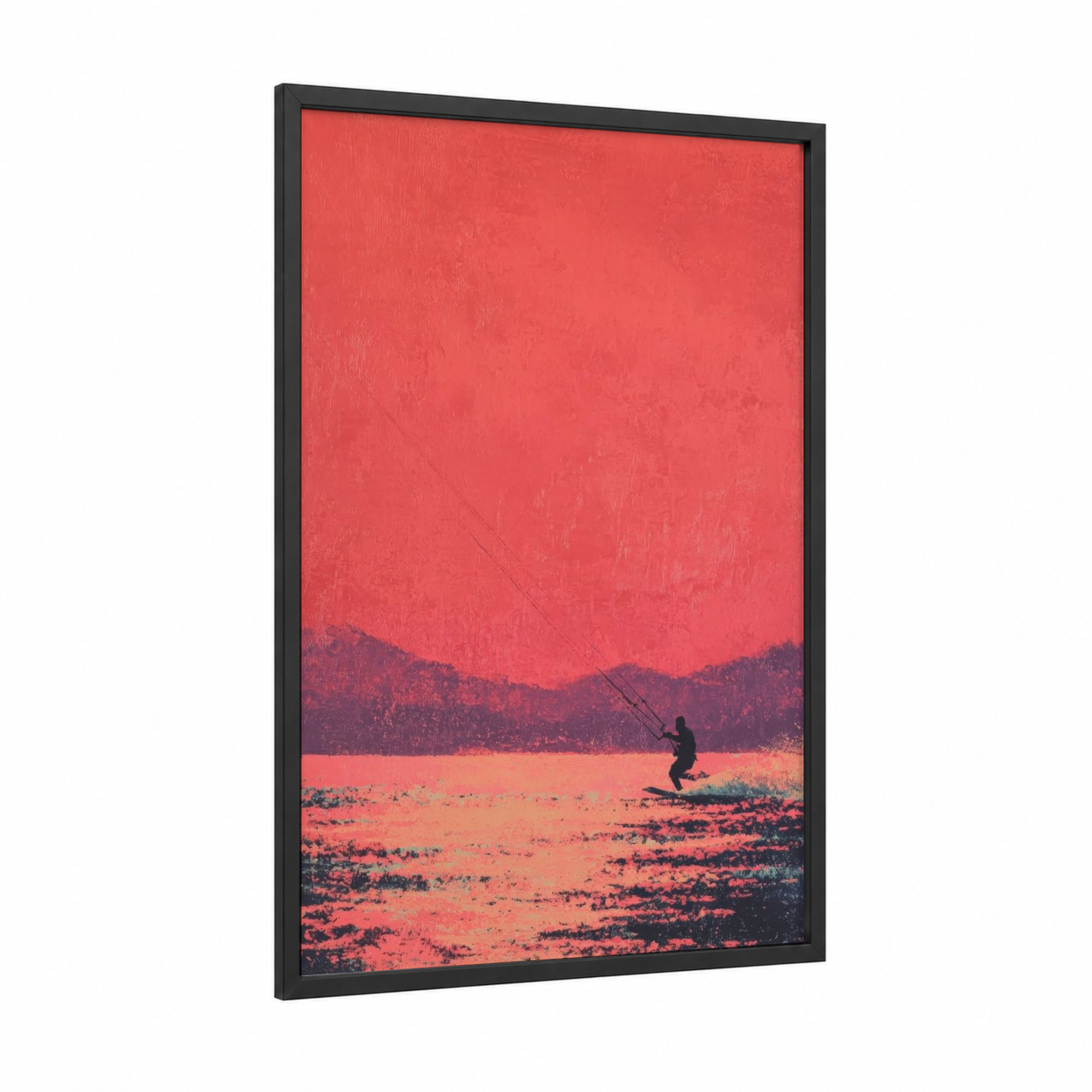 Crimson Kite Surfer framed kite surfing print — black wood frame — red and orange palette