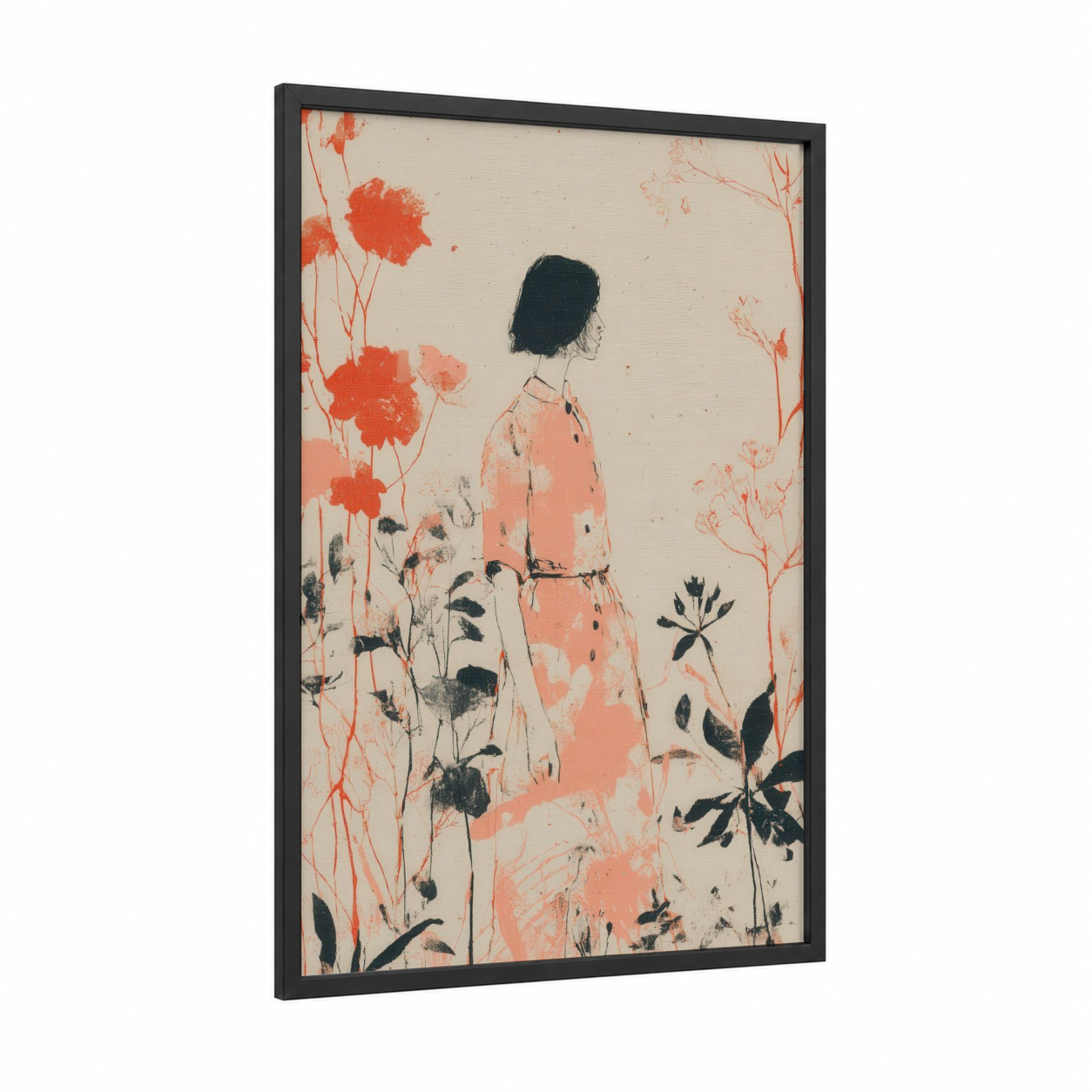 Coral Garden Fashion framed fashion illustration print — black wood frame — salmon pink and black palette