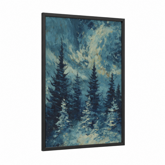 Snowy Forest Mist framed forest trees print — black wood frame — blue and white and gold and teal palette