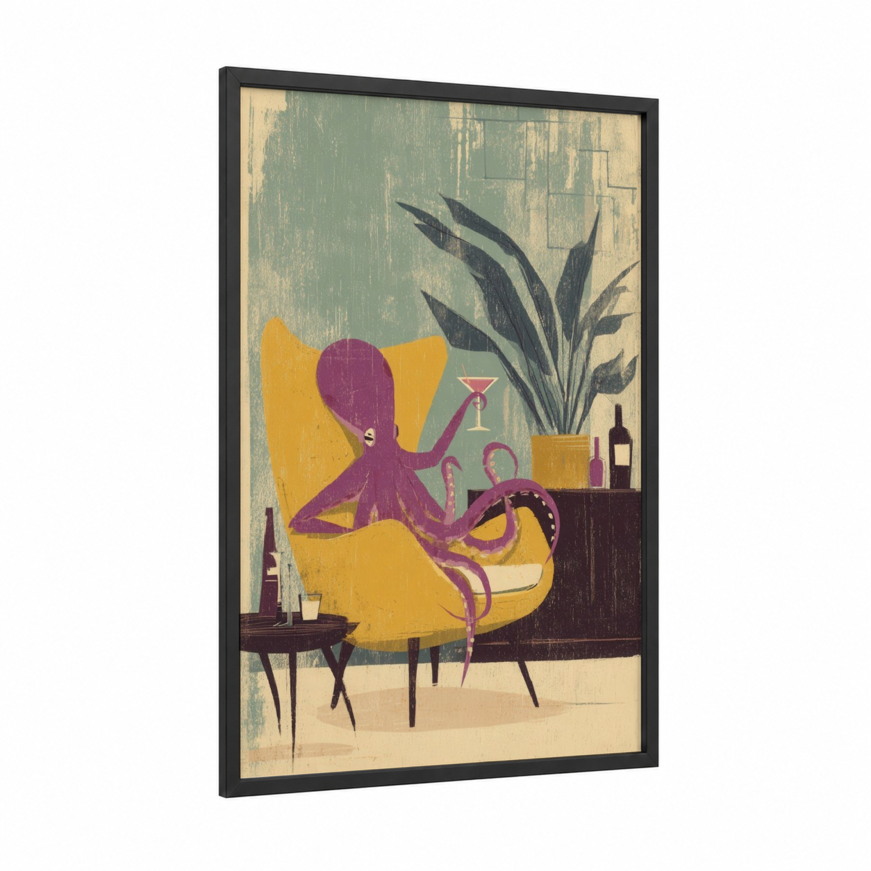 Cocktail Octopus framed art print — black wood frame — yellow gold and sage green palette