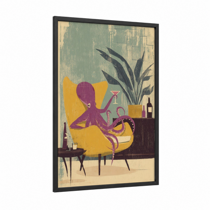 Cocktail Octopus framed art print — black wood frame — yellow gold and sage green palette
