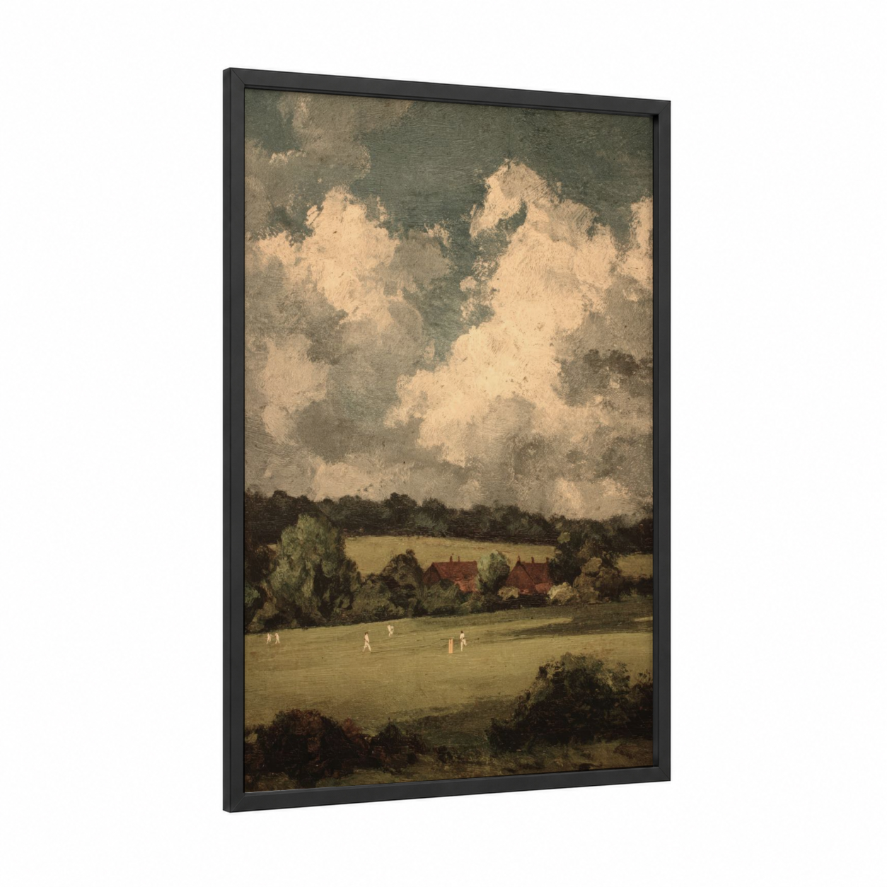 Village Cricket Match framed art print — black wood frame — sage green and cream palette
