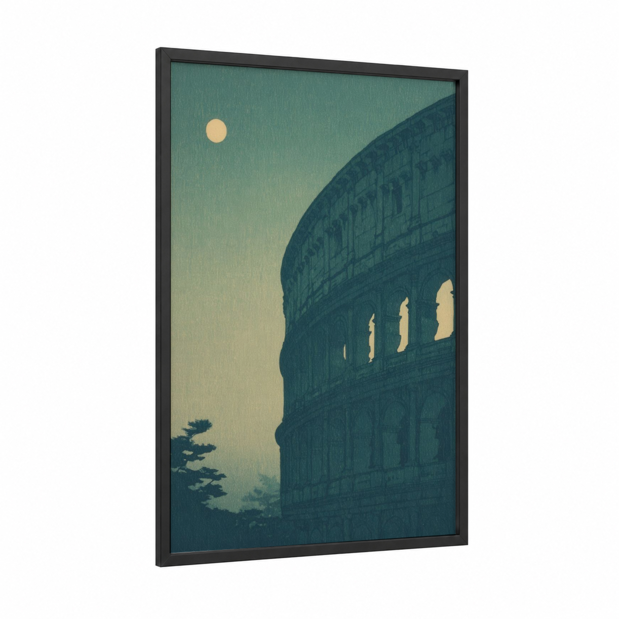 Moonlit Colosseum framed art print — black wood frame — teal and cream palette
