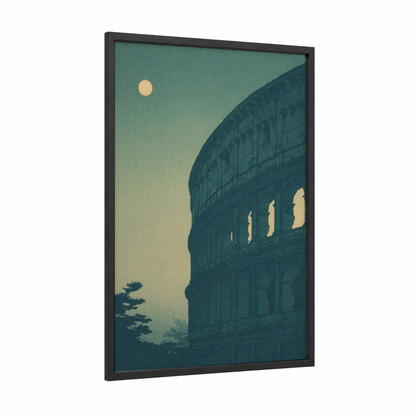 Moonlit Colosseum framed art print — black wood frame — teal and cream palette