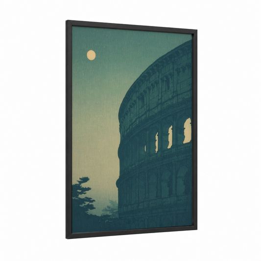 Moonlit Colosseum framed art print — black wood frame — teal and cream palette