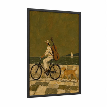 Cyclist With Cello and Dog Wall Art framed bicycle print — black wood frame — olive and cream palette