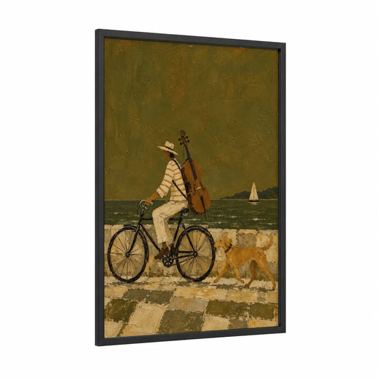 Cyclist With Cello and Dog Wall Art framed bicycle print — black wood frame — olive and cream palette
