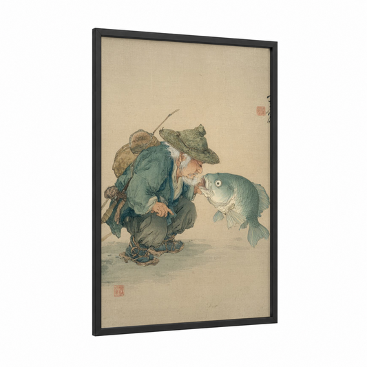 Fisherman's Catch framed fishing print — black wood frame — teal and beige palette