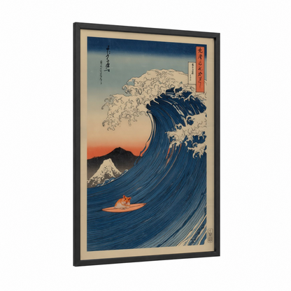 Wave Rider Hamster framed art print — black wood frame — dark blue and cream palette