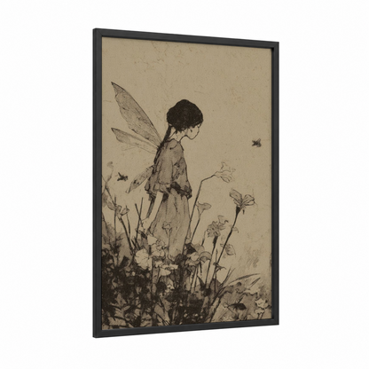 Garden Fairy framed art print — black wood frame — beige and black palette