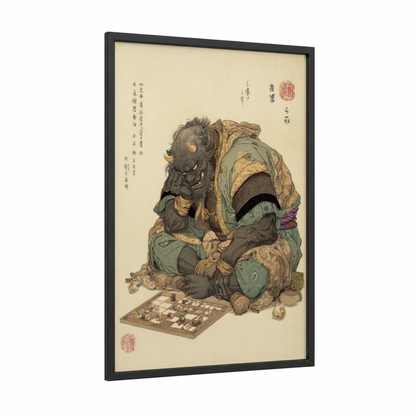 Armored Orc Warrior framed art print — black wood frame — dark green and gold and pink palette