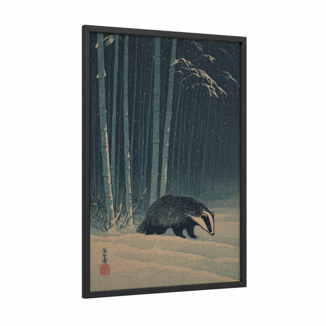 Snowy Badger framed art print — black wood frame — teal and cream palette