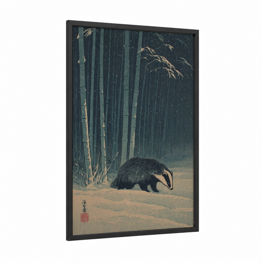Snowy Badger framed art print — black wood frame — teal and cream palette