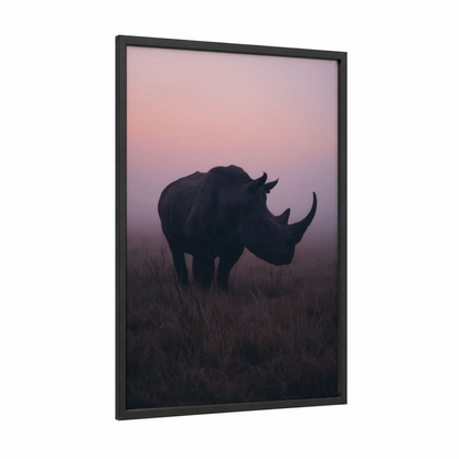 Misty Rhino framed art print — black wood frame — lavender and gray palette