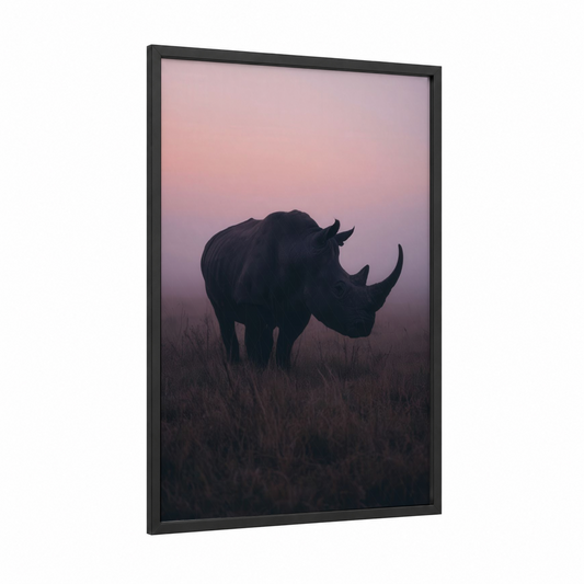 Misty Rhino framed art print — black wood frame — lavender and gray palette