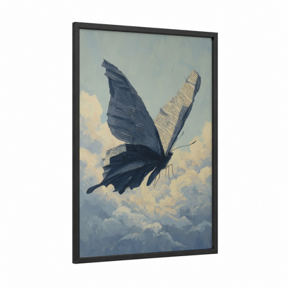 Literary Butterfly framed art print — black wood frame — blue and white and cream palette