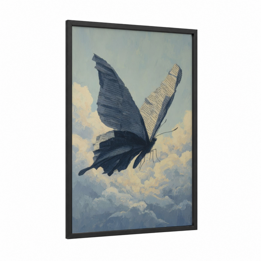 Literary Butterfly framed art print — black wood frame — blue and white and cream palette