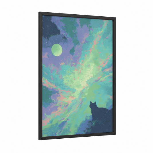 Cosmic Cat Night framed nebula print — black wood frame — purple and light green palette