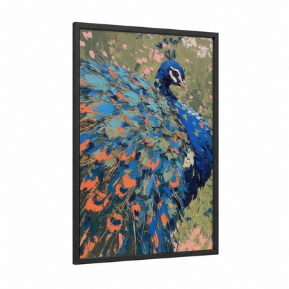 Vibrant Peacock Display framed art print — black wood frame — royal blue and orange palette