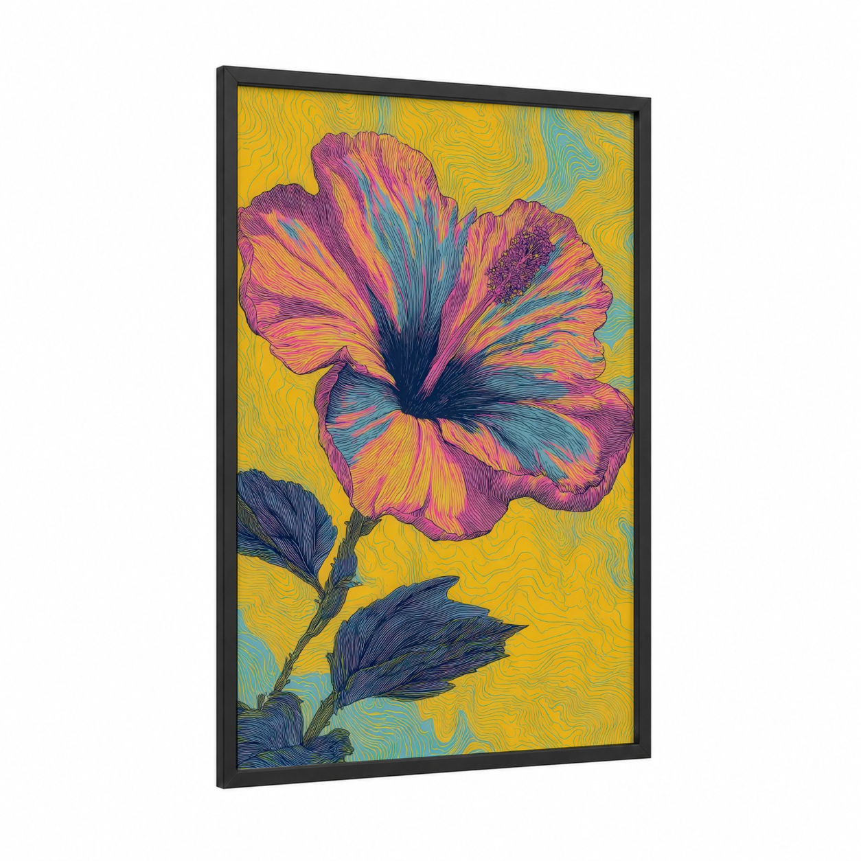 Magenta Hibiscus Bloom framed art print — black wood frame — magenta and yellow gold palette