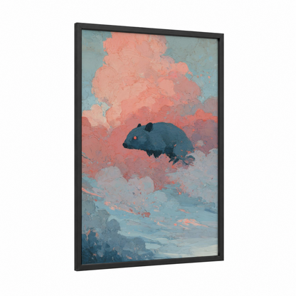Dreaming Wombat framed art print — black wood frame — peach and blue palette