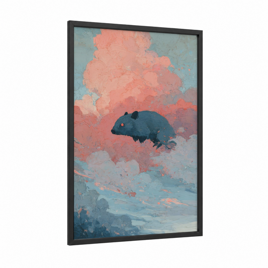 Dreaming Wombat framed art print — black wood frame — peach and blue palette