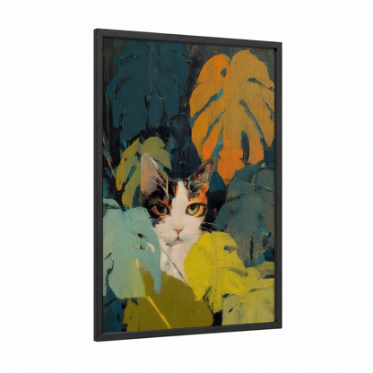 Monstera Cat Portrait framed art print — black wood frame — gold and teal palette