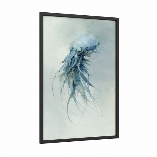 Ethereal Jellyfish framed octopus print — black wood frame — blue and white and gray palette