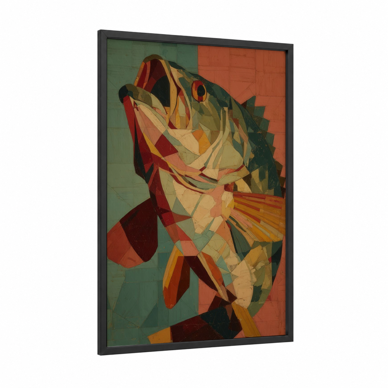 Geometric Bass framed art print — black wood frame — red and green palette