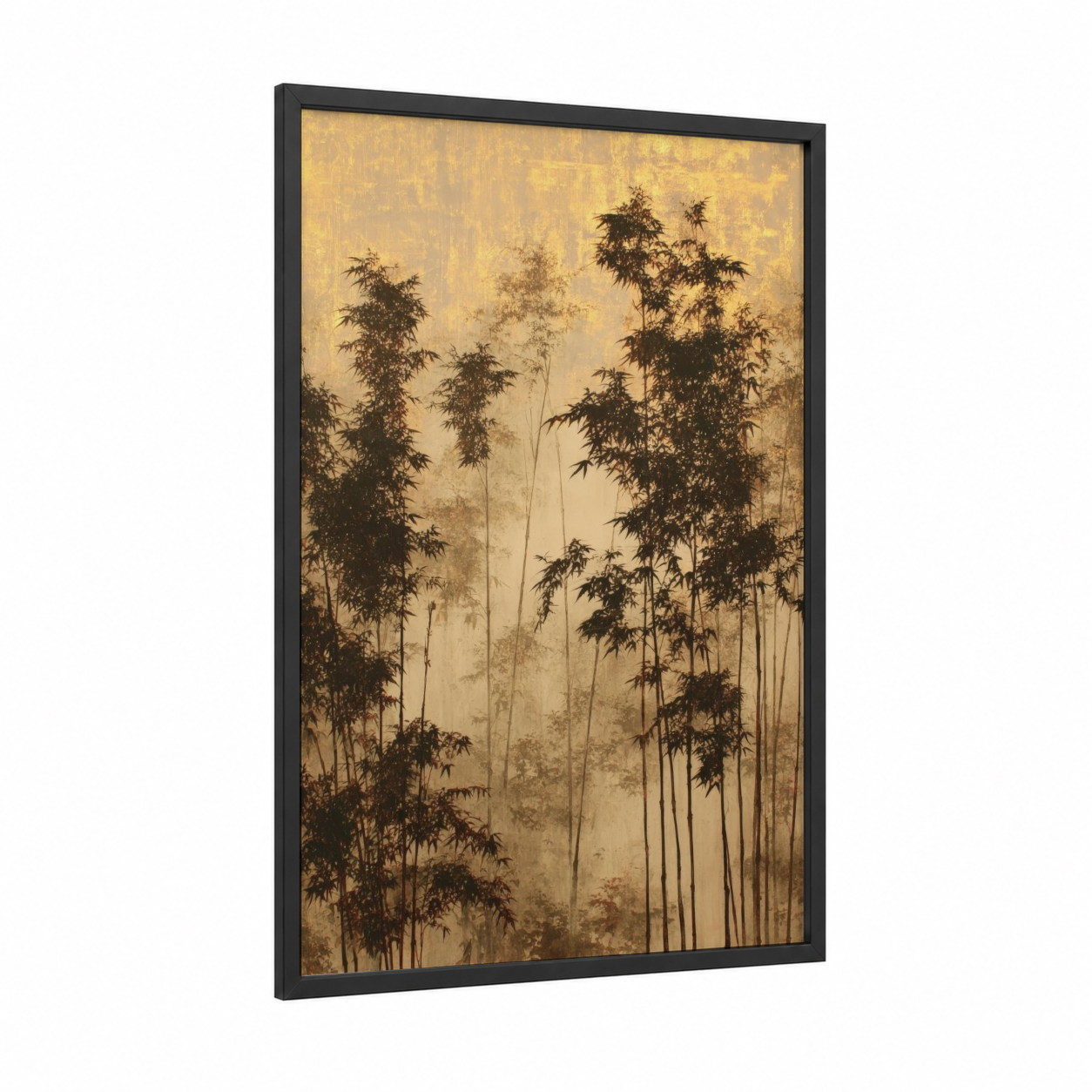 Misty Bamboo Forest framed bamboo jungle print — black wood frame — gold and black palette
