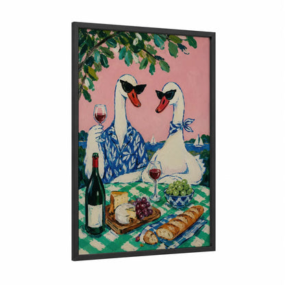 Swan Couple Wine Picnic Wall Art framed art print — black wood frame — pink and blue palette