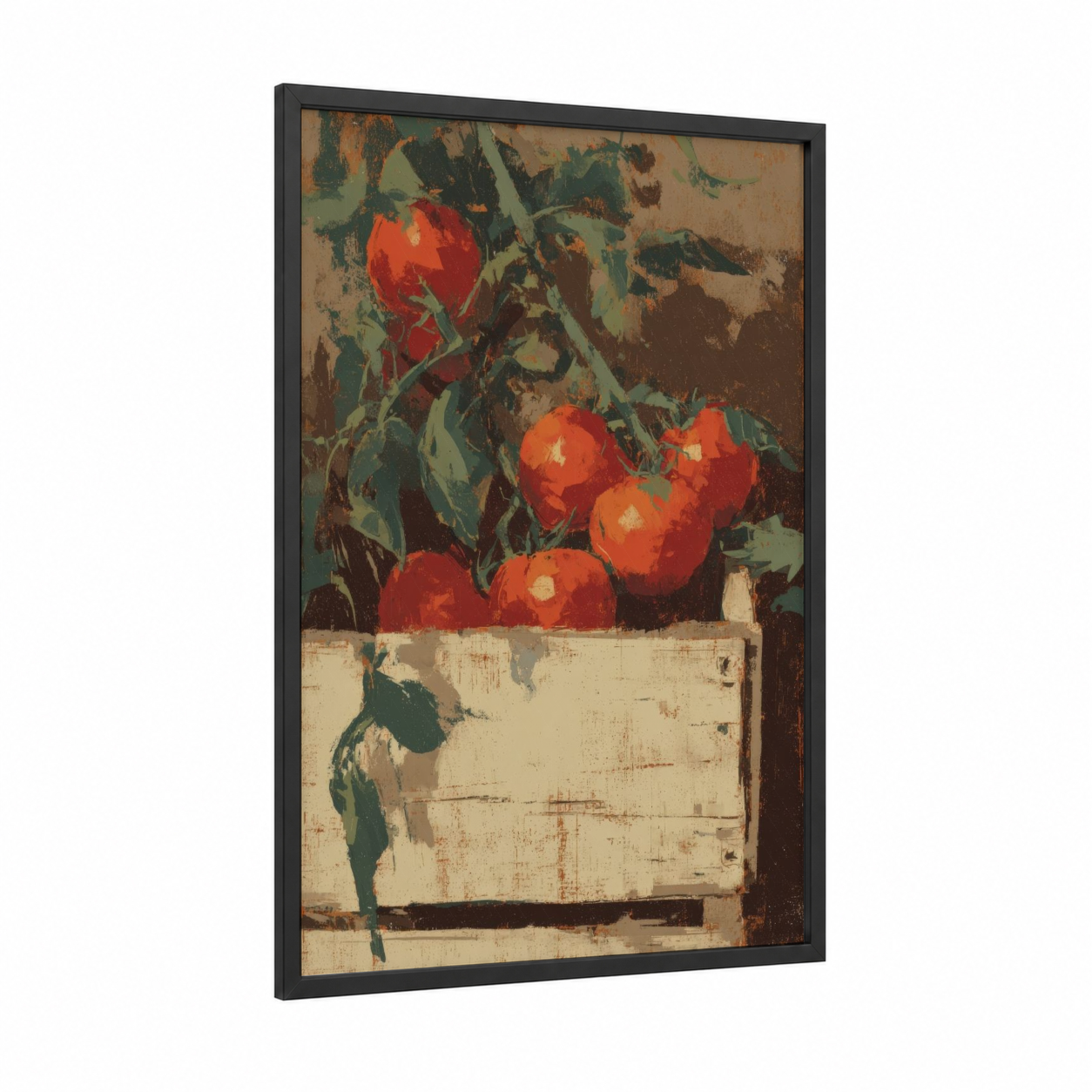 Rustic Tomato Still Life framed fruit print — black wood frame — red and sage green palette