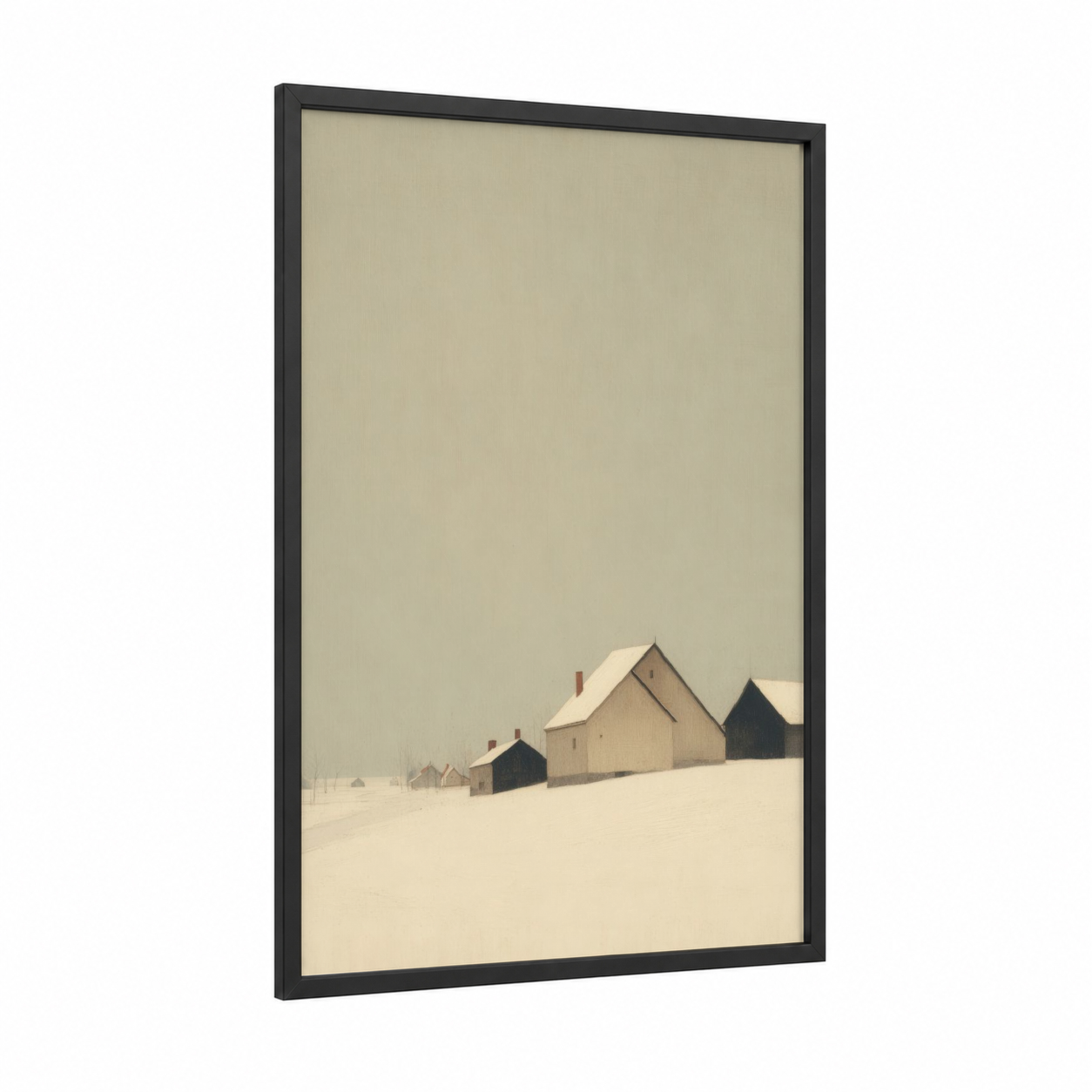 Snowy Village Farm framed art print — black wood frame — cream and dove gray palette
