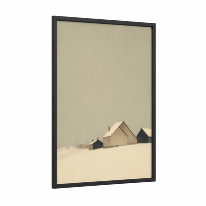 Snowy Village Farm framed art print — black wood frame — cream and dove gray palette