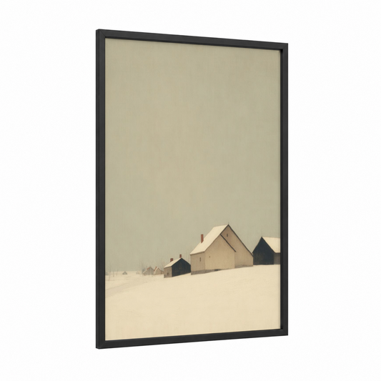 Snowy Village Farm framed art print — black wood frame — cream and dove gray palette