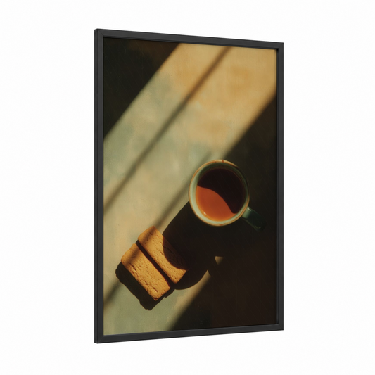 Morning Tea Break framed sweet print — black wood frame — mustard and espresso palette