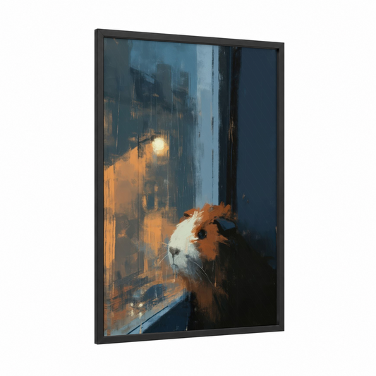 Cityscape Guinea Pig framed art print — black wood frame — blue and gold palette