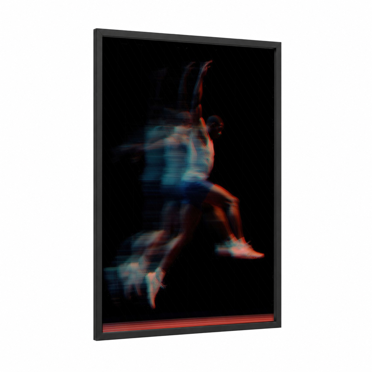 Neon Athlete framed track and field print — black wood frame — black and gold and blue palette