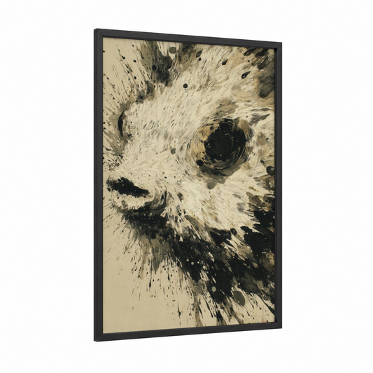 Ink Puffer Fish framed art print — black wood frame — black and white and cream palette