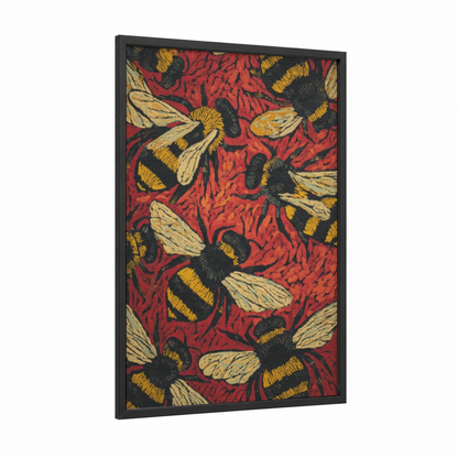 Golden Bee Pattern framed art print — black wood frame — red and gold palette