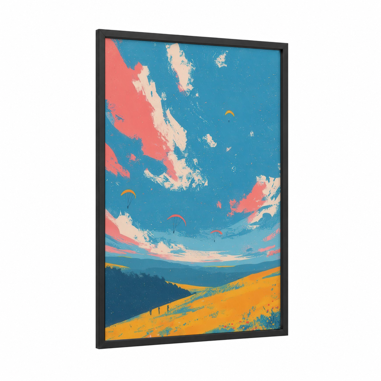Sky Adventurers framed paragliding print — black wood frame — blue and orange palette