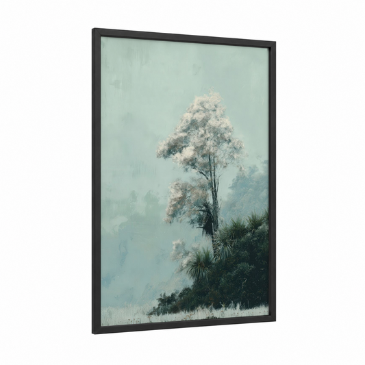 Misty Kauri Tree framed art print — black wood frame — sage green and gray palette