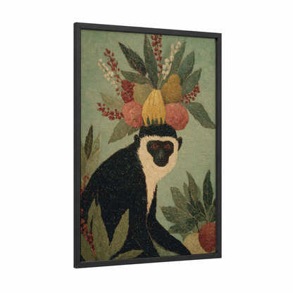 Crowned Monkey framed art print — black wood frame — sage green and russet palette